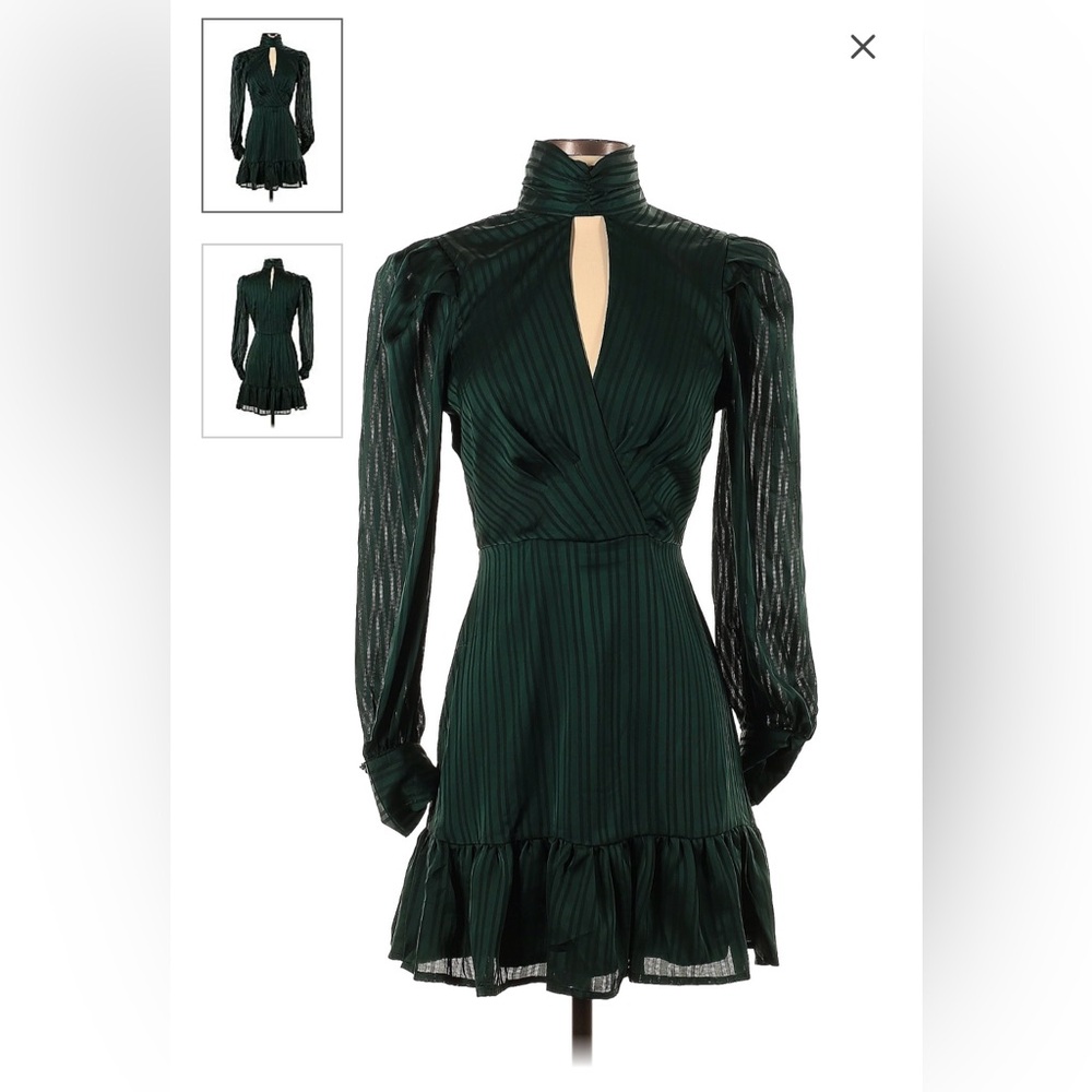 AQUA, XS, forest green, Long sleeve, turtleneck neckline, ruffle accents, dress